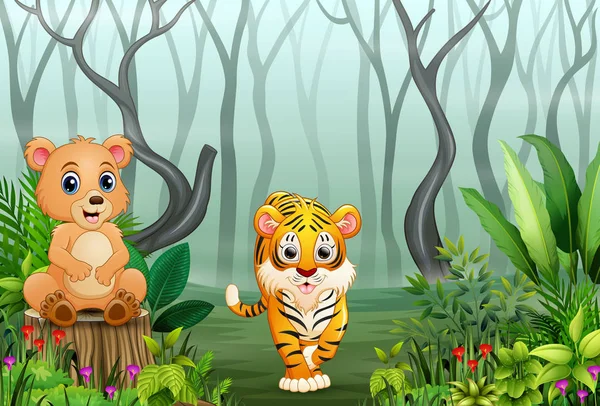 Dibujos Animados Animal Salvaje Bosque Con Ramas Árboles Secos Fondo — Vector de stock