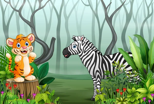 Cartoon wild animal in the forest with dry tree branches background