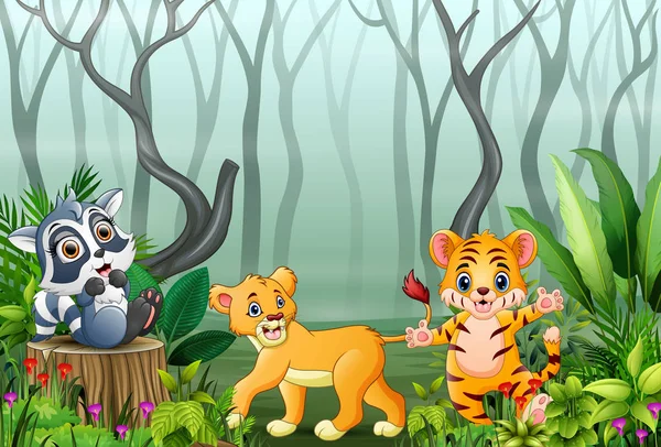 Desenhos Animados Animais Com Vista Para Floresta Nevoeiro —  Vetores de Stock