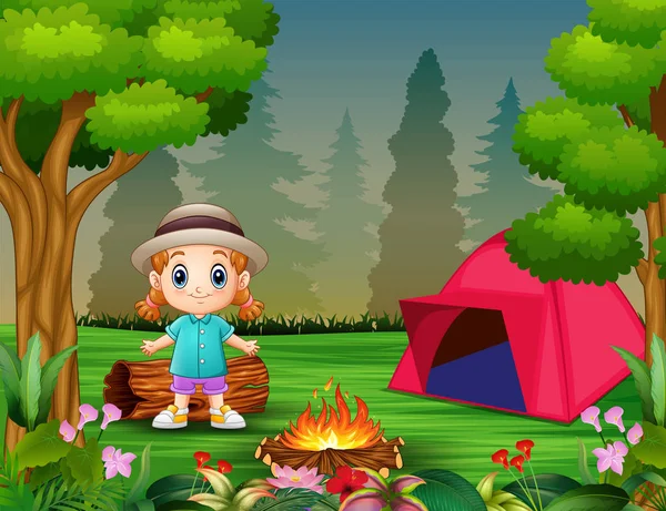 Cartoon Little Girl Camping Forest — Stok Vektör