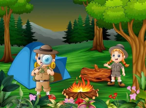 Dibujos Animados Niños Acampando Bosque — Vector de stock