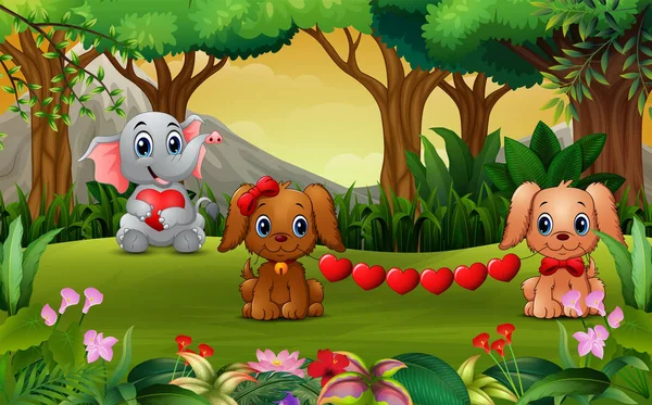 Valentine Hari Dengan Gajah Kartun Dan Anjing - Stok Vektor