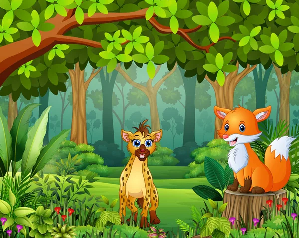 Desenhos Animados Animais Selvagens Felizes Uma Bela Floresta Verde —  Vetores de Stock