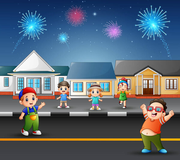 Happy kids playing on the road with views of fireworks in the sky