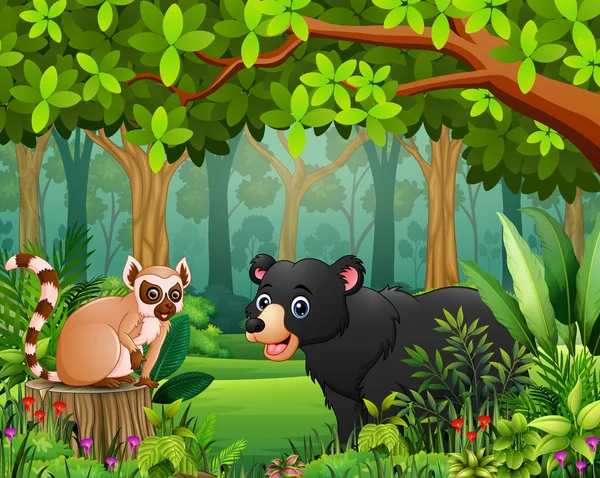 Bosque Paisaje Dibujos Animados Verde Primavera Con Animales — Vector de stock