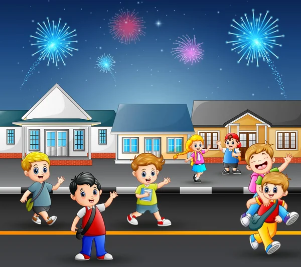 Happy School Children Playing Street Suburban Neighborhood - Stok Vektor