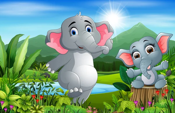 Cartoon Baby Mother Elephant Beautiful Nature — Stock Vector