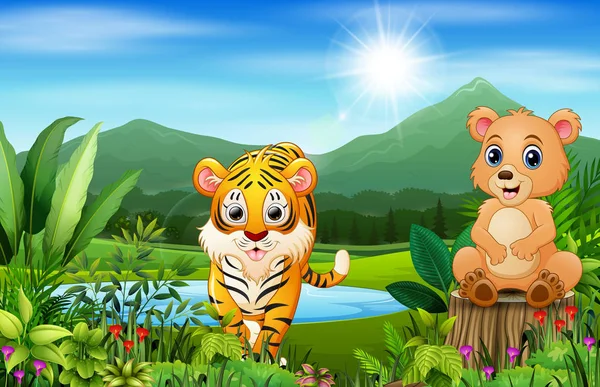 Wild Animal Cartoons Beautiful Green Scenery — Stock Vector