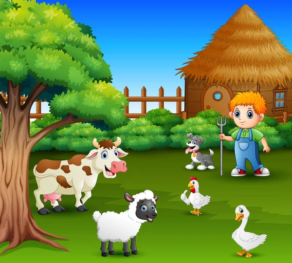 A farmer at his farm with a bunch of farm animals