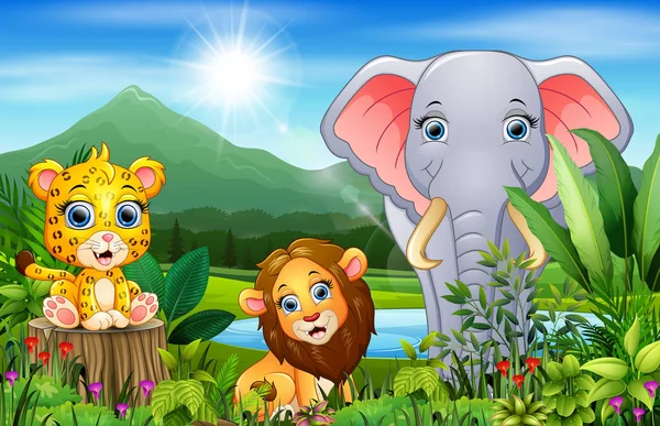 Landscape forest with happy animals cartoon