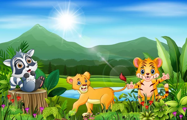 Cartoon Beautiful Landscape Different Animals — Stock Vector