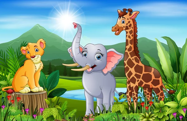Bosque Paisaje Con Dibujos Animados Animales Felices — Vector de stock