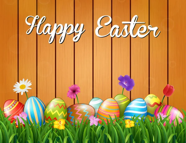 Feliz Pascua Con Flores Huevos Colores Hierba Sobre Fondo Madera — Vector de stock
