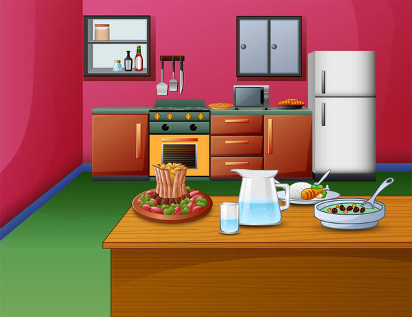 Cartoon pink style kitchen interior with wooden table and food