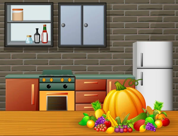 卡通厨房内部 木桌上有家具和水果 — 图库矢量图片