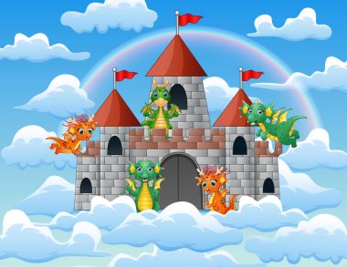 The dragon flew around the fairy tale palace on the cloud clipart