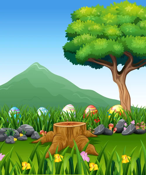 Barevné Velikonoční Vejce Zelené Trávě Krásnou Krajinou — Stockový vektor