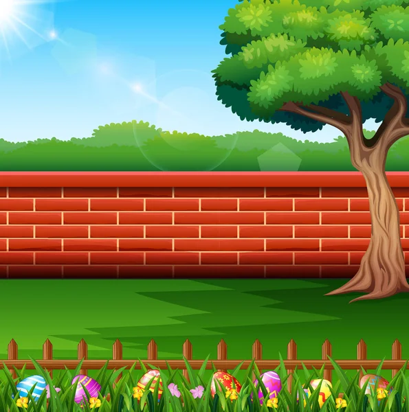 Joyeuse Pâques Sur Nature Avec Fond Clôture Brique — Image vectorielle
