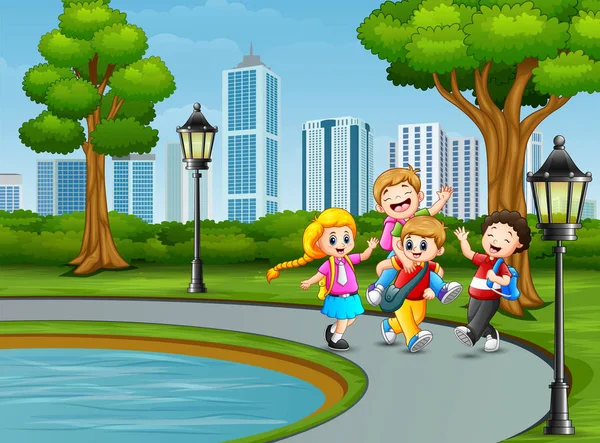 Cartoon Kinderen Spelen Het Park — Stockvector