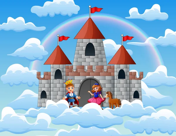 王子と雲におとぎ話の宮殿の王女 — ストックベクタ
