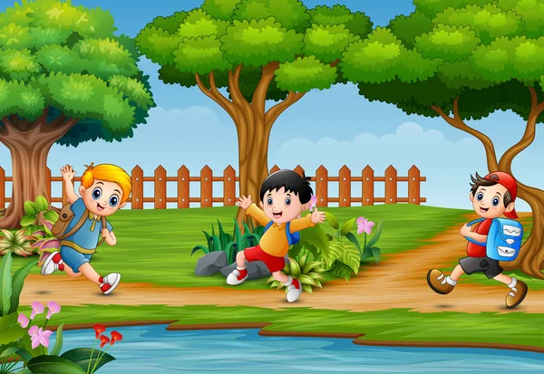 Niños Felices Corriendo Por Hermosa Naturaleza — Vector de stock