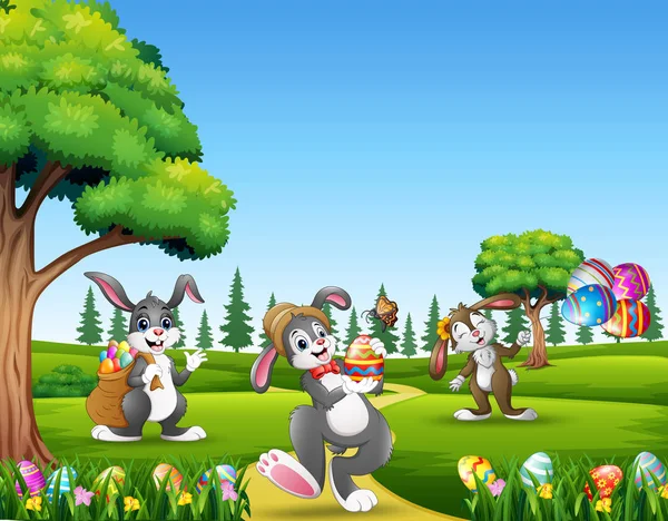 Conejitos Dibujos Animados Sosteniendo Huevos Decorados Sobre Fondo Pascua — Vector de stock