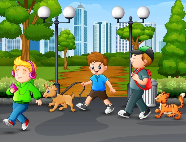 Ευτυχισμένα Παιδιά Περπατώντας Και Απολαμβάνοντας Στο Πάρκο — Διανυσματικό Αρχείο