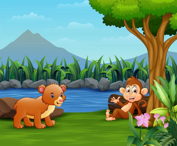 Bebê Urso Macaco Desfrutar Junto Rio —  Vetores de Stock