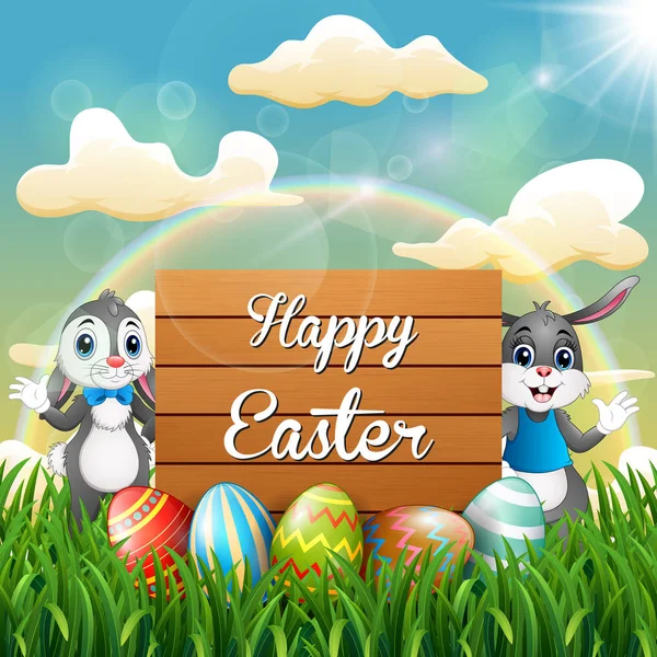 Conejo Pascua Dibujos Animados Con Huevos Pascua Junto Cartel Madera — Vector de stock