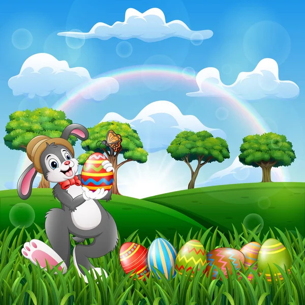 Happy Bunny Drží Zdobené Velikonoční Vajíčko — Stockový vektor