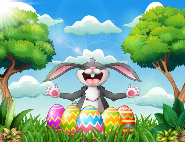 Conejo Dibujos Animados Riendo Con Cinco Huevos Pascua Decorados Parque — Vector de stock