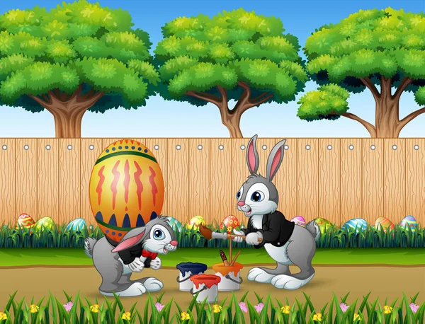 Happy Velikonoční Zajíčky Malování Drží Vejce — Stockový vektor
