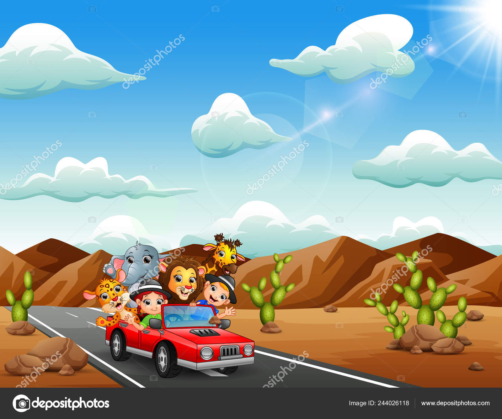 Cartoon Kids Driving Red Car Wild Animals Desert Stock Vector Image by  ©dualoro #244026118