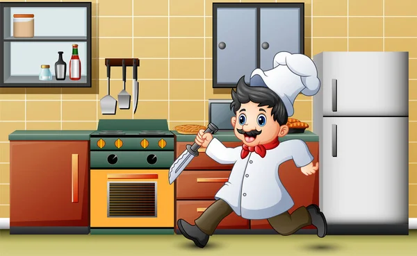 卡通厨师在厨房里拿着刀跑步 — 图库矢量图片