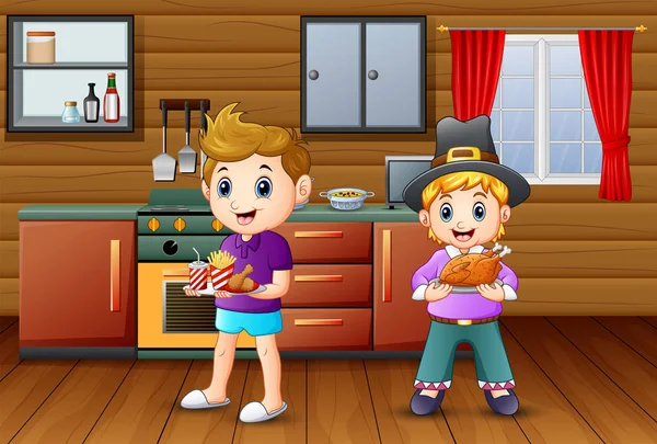 Dwa Chłopiec Przynosząc Żywność Kuchni — Wektor stockowy