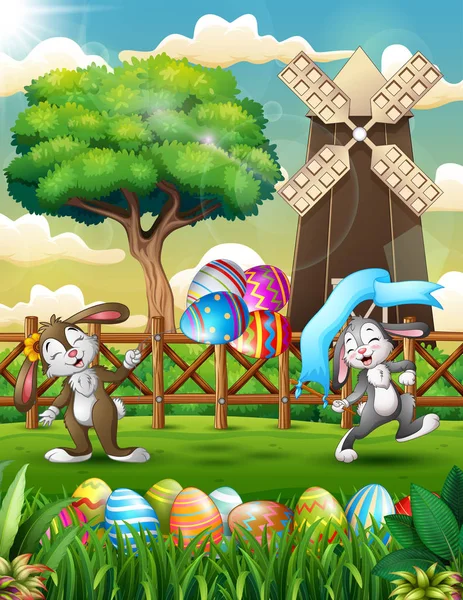 Felices Conejos Pascua Bailando Fondo Granja Primavera — Vector de stock