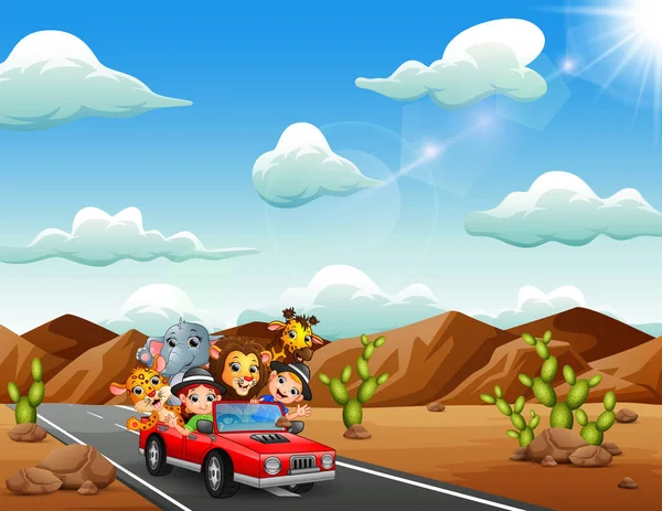 Dla Dzieci Kreskówki Jazdy Czerwony Samochód Dzikich Zwierząt Przez Pustynię — Wektor stockowy