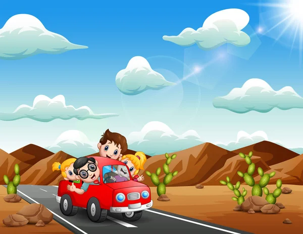 Szczęśliwe Dzieci Podróżujących Samochodem Czerwony Przez Pustynię — Wektor stockowy