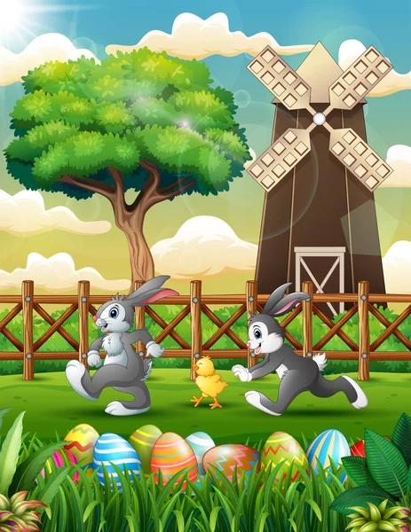Мультфильм Счастливый Кролик Цыплятами Играющими Ферме — стоковый вектор