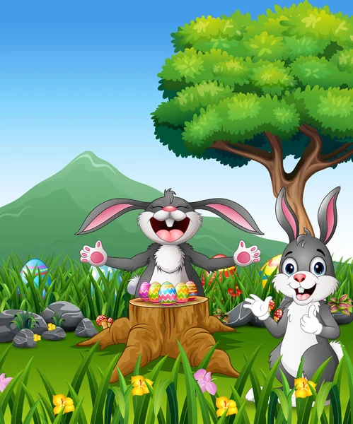 Feliz Conejo Pascua Hermoso Jardín — Vector de stock
