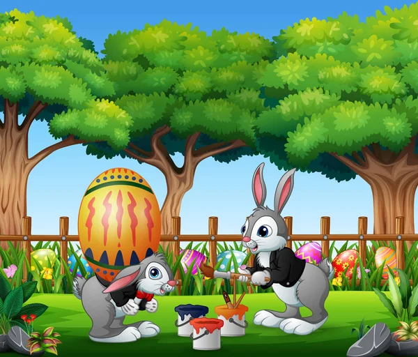 Felices Conejitos Pascua Pintando Sosteniendo Huevos — Vector de stock