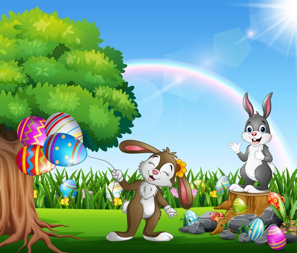 Easter Bunnies Colorful Egg Garden — Stock Vector