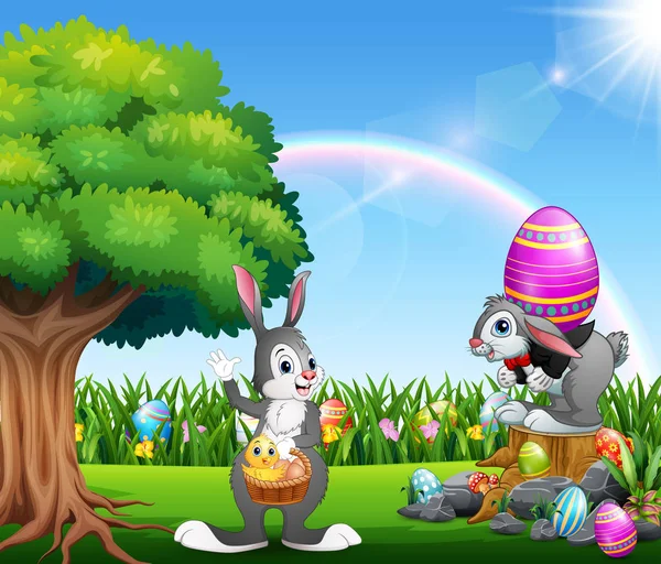 Felices Conejitos Pascua Parque Natural — Vector de stock