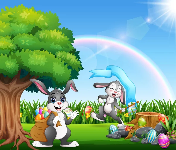 Mutlu Paskalya Tavşanları Doğa Park — Stok Vektör