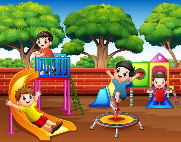 Szczęśliwe Dzieci Bawiące Się Placu Zabaw Ciągu Dnia — Wektor stockowy