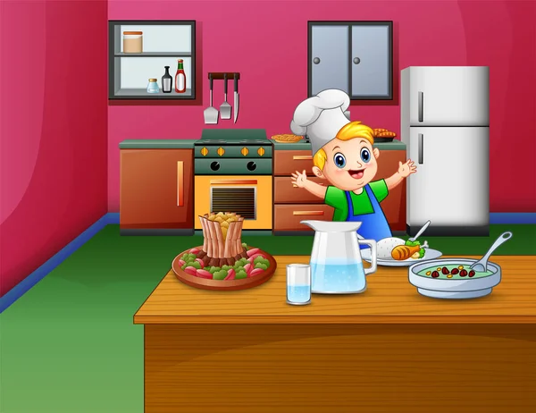 可爱的小男孩在围裙和厨师的帽子正在准备食物 — 图库矢量图片