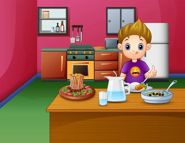 Lycklig Pojke Äta Vid Matbordet — Stock vektor