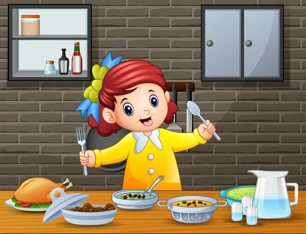 Joyeux Petite Fille Tenant Cuillère Fourchette Manger Table — Image vectorielle