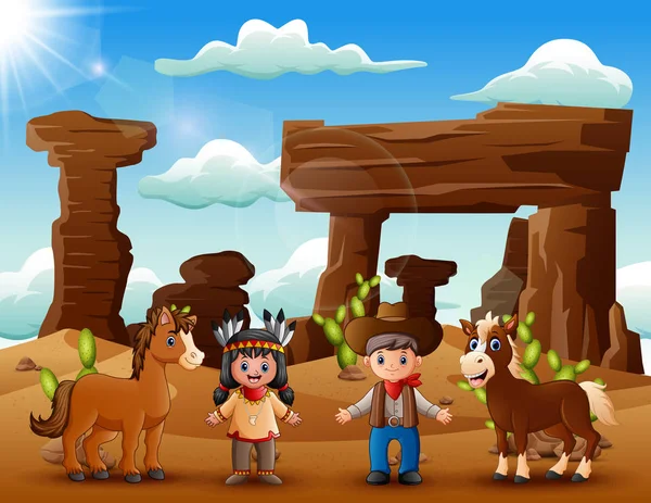 Desenhos Animados Menina Indiana Cowboy Com Animal Deserto —  Vetores de Stock