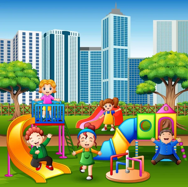 Cartoon Kinder Haben Gemeinsam Spaß Auf Spielplatz — Stockvektor